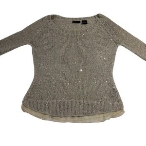 Press Women's Gray Cream Sparkle Pullover 3/4 Sleeve Sweater Poly Acrylic‎ Small